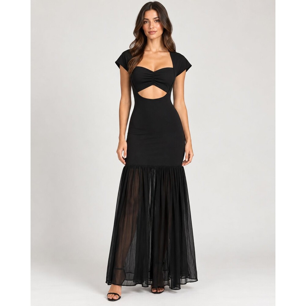 DELFI Collective Black Cutout Maxi Dress Size M Sweetheart Mesh Drop Waist Gown